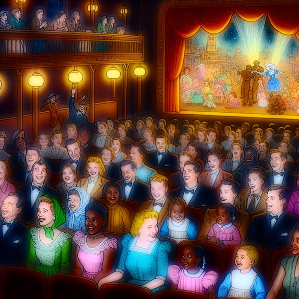 Vintage Theater uit de Jaren Vijftig Met Betoverd Publiek Een druk vintage theater uit de jaren vijftig met een betoverde publieksgroep die naar een kleurrijke film kijkt.