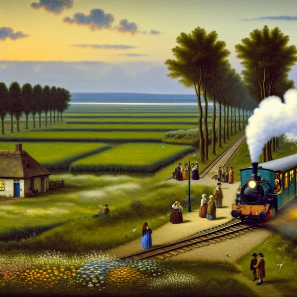 Een vintage trein die langzaam door het platteland rijdt, omgeven door groene velden en wilde bloemen, met een rustieke station op de achtergrond.