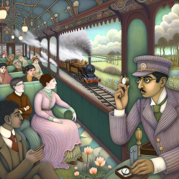 Charmante vintage treinreis in Anton Pieck stijl Illustratie van een vintage treinreis met passagiers die uit het raam kijken naar het landschap, en een bezorgde conducteur die naar een kapotte spoorlijn kijkt.
