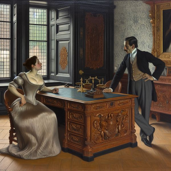 Twee mensen in een vintage vergaderruimte die een gesprek voeren, waarbij de vrouw zelfverzekerd antwoord geeft en de man nadenkt.