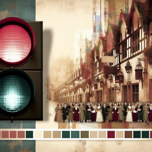 Vintage Verkeerslicht en Nostalgische Straatscene Een vintage verkeerslicht met een rode gloed, omringd door een oude straat en mensen, die symboliseert dat ze moeten stoppen.