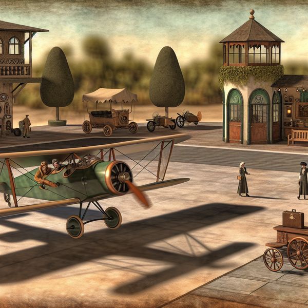 Klein propellervliegtuig dat rustig taxiet op een nostalgische luchthaven in vintage stijl met een charmante verkeerstoren en grondpersoneel