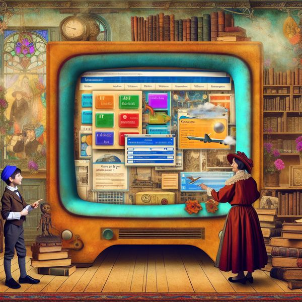Oud-fashioned computer met kleurrijke iconen en een nieuwsgierige kind en vriendelijk bibliothecaris
