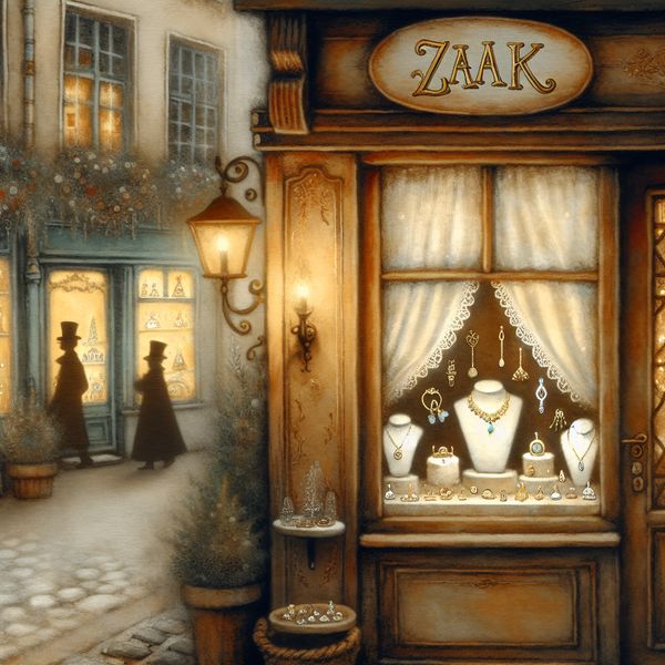 Nostalgische winkel met handgemaakte sieraden in charmant stadje - Anton Pieck stijl Sfeervolle vintage winkel met houten uithangbord 'Zaak' en vitrine vol handgemaakte sieraden in nostalgische straat