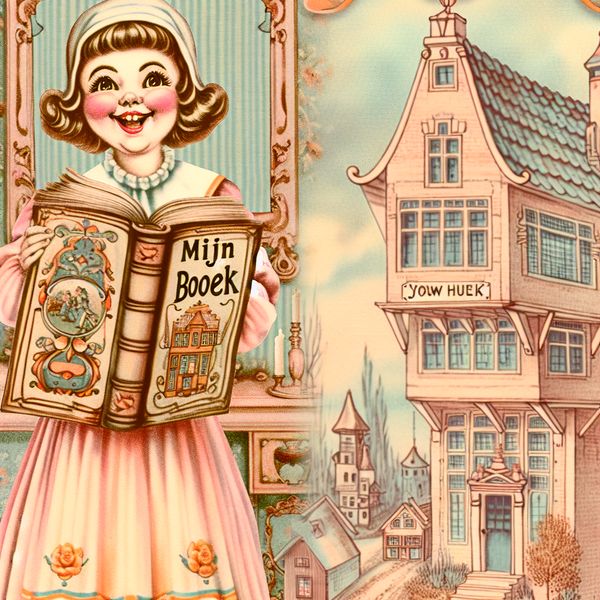 Vintage Woonkamer met Bezittelijk Voornaamwoord Een vrolijke persoon in een vintage woonkamer met een boek 'Mijn boek' en twee huizen op de achtergrond