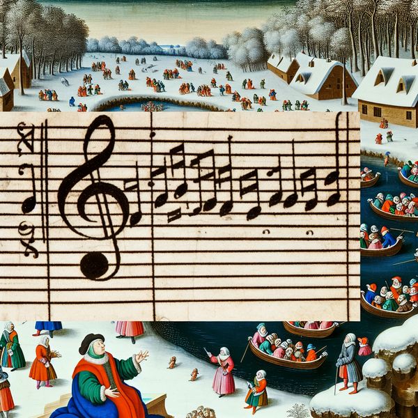 Gedetailleerde winterse taferelen met muzikant die een bladmuziek met vioolsleutel aanwijst aan omstanders op een bevroren kanaal