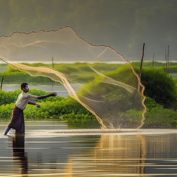 Fisherman Casting a Net at Sunrise Vissersman werpt een net in een rustige meer bij zonsopgang