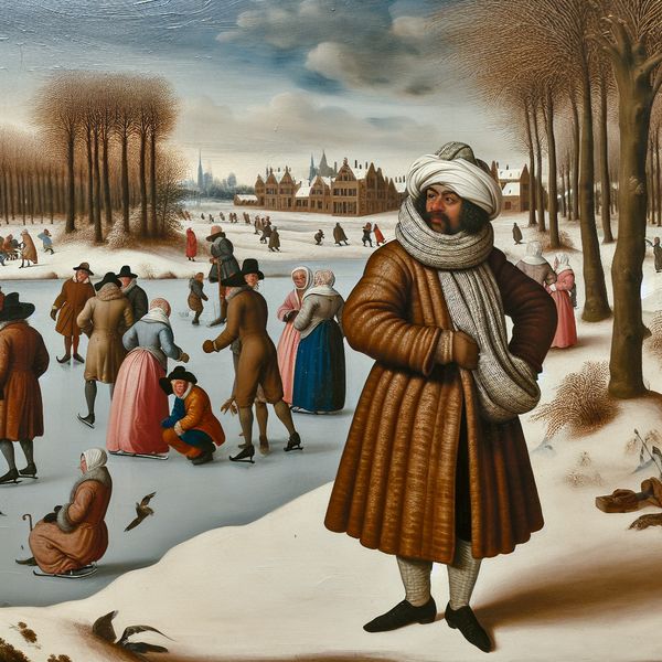 Gedetailleerde wintertafereel met persoon die een nieuwe jas en bijpassende sjaal toont in levendige Avercamp-stijl