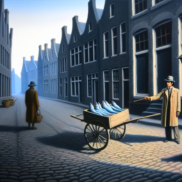 Visverkoper in nostalgische Nederlandse straat - surrealistisch schilderij in stijl van Carel Willink Hyperrealistische surrealistische voorstelling van een visverkoper in 1930s kleding die verse vis aanbiedt op een stille Nederlandse straat met kasseien