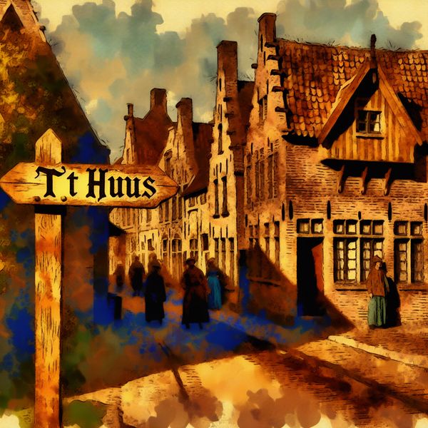 Vlaams dialect bord 't huis: afkorting voor 'te' in traditioneel dorpsgezicht 't huis houten uithangbord in Vlaams dorp met traditionele gevels en dorpelingen, symbolisch voor regionale taalafkorting 't