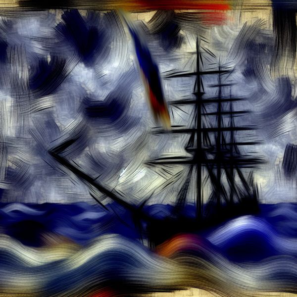 Schip in nood: vlag strijken op stormachtige zee - symbolische overgave in scheepvaart Abstract expressionistisch schilderij van een schip in nood op een stormachtige zee, waarbij de vlag wordt gestreken als teken van overgave