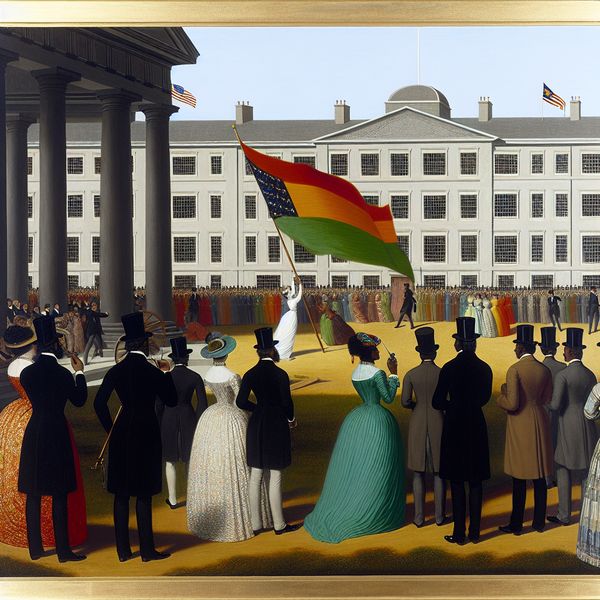 Vlagheffing ceremonie in het stadscentrum Groep mensen in formele kleding die een vlag heffen bij een ceremonieel evenement voor een elegant gebouw in het stadscentrum