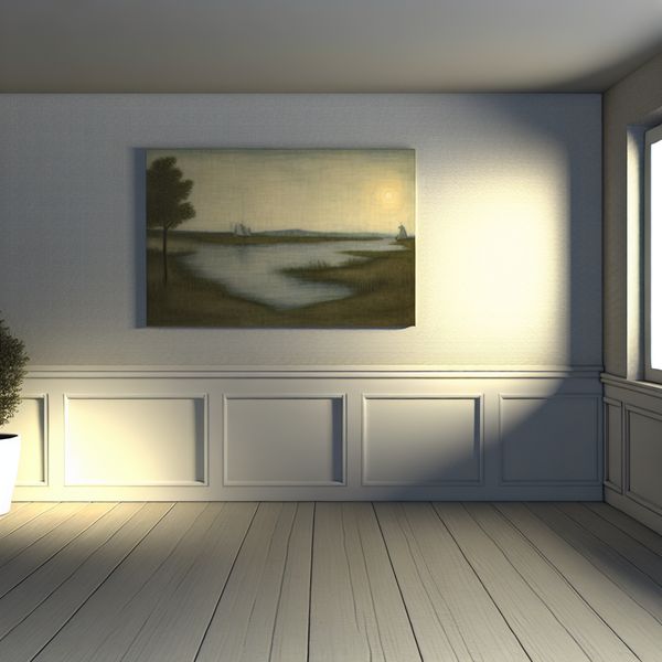 Schilderij in Vermeer-stijl met eenvoudigheid en demaalheid Een vlak schilderij in een serene kamer met diffuus licht, geïnspireerd door Johannes Vermeer.