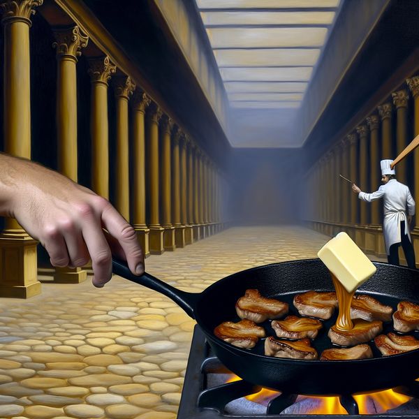 Vlees bruin bakken in gietijzeren pan - hyperrealistische keukenscène Hyperrealistische close-up van een chef die vlees bruin bakt in een gietijzeren pan met gesmolten boter, in surrealistische stijl met dramatische belichting
