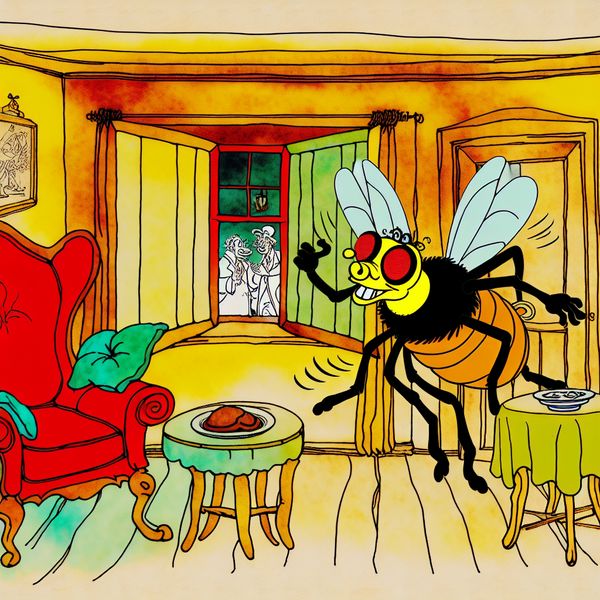 Vlieg in Geleefde Kamer Een cartoonachtige vlieg die rondzoemt bij een open raam in een gezellige kamer vol kleurrijke meubels.