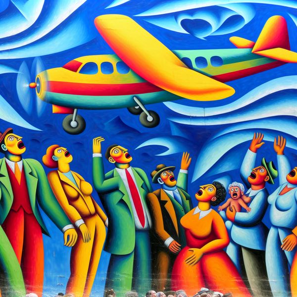 Vliegtuig in de lucht met verbaasde kijkers Een kleurrijk en dynamisch schilderij van een groot vliegtuig dat door de lucht zweeft boven een groep verbaasde toeschouwers. Hun gezichten tonen het gevoel van verwondering en opwinding.