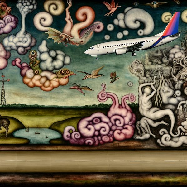 Surrealistisch Vliegtuig Landen op Luchthaven Een surrealistisch tafereel van een vliegtuig dat soepel landt op een luchthaven met bizarre, fantasierijke elementen op de achtergrond.