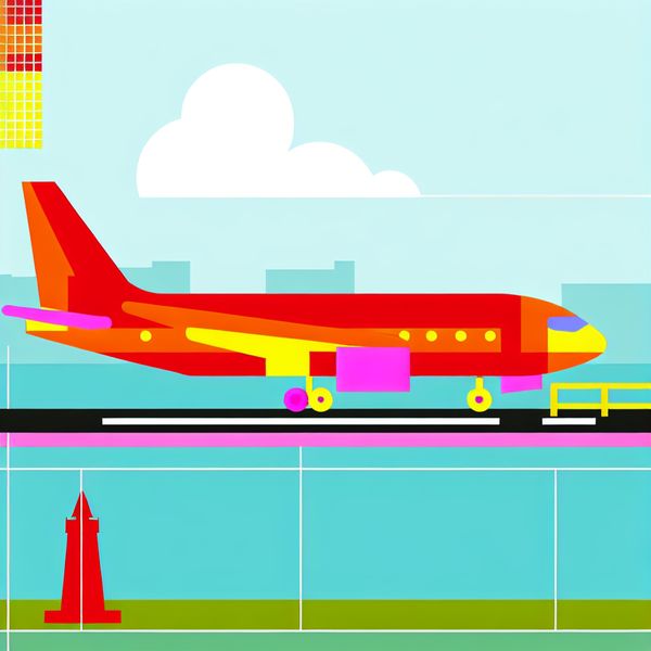 Illustratie van vliegtuig op tussenstop bij luchthaven Minimalistische illustratie van een kleurrijk vliegtuig op de startbaan van een luchthaven met een helderblauwe lucht en een herkenbaar Londens landmark op de voorgrond.