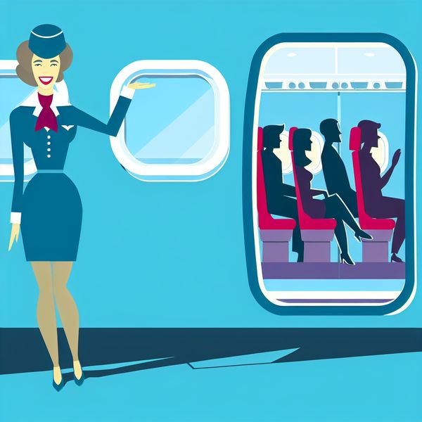 Vrolijke stewardess verwelkomt passagiers bij de wand van een vliegtuig in minimalistische stijl