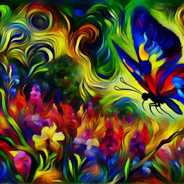Gelukkige Vlinder in een Lush Tuin Abstract expressionistische afbeelding van een kleurrijke vlinder die door een levendige tuin fladdert, omringd door felle bloemen.
