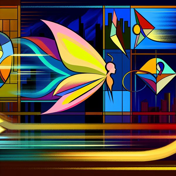 Een kleurrijke vlinder-mens in een stedelijke omgeving, omringd door abstracte geometrische vormen die verschillende romantische ontmoetingen symboliseren.