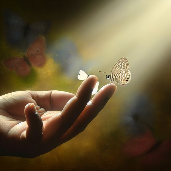 Vlinder op Hand - Intieme Natuurverbinding Een kleine, delicate vlinder die voorzichtig op een menselijke hand is neergestreken.