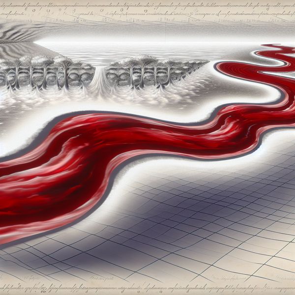 Surrealistische voorstelling van een rivier die vloeiend overgaat in een bloedbaan, geïnspireerd op M.C. Escher, met geometrische patronen en optische illusies die de beweging van vloeistoffen benadrukken