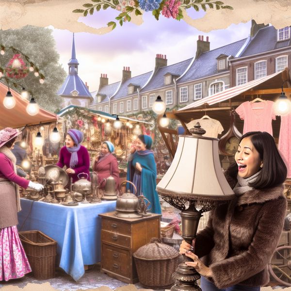 Een vrolijke koper ontdekt een oude lamp op een drukke vlooienmarkt, omringd door kleurrijke kraampjes en feestelijke decoraties.