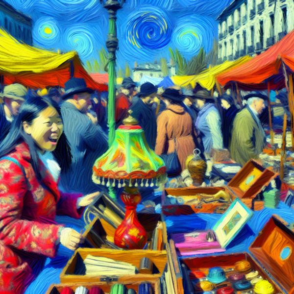 Lopen op de Vlooienmarkt: Ontdekken van Vintage Schatten Vrouw die een vintage lamp ontdekt op een drukke vlooienmarkt vol kleurrijke kraampjes