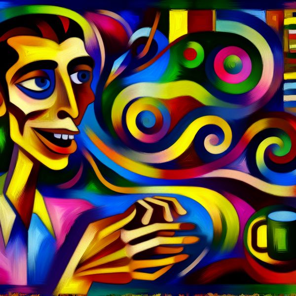 Vlotte Praatjesmaker in Levendige Abstractie Abstracte voorstelling van een gladde, vlotte praatjesmaker met een sluwe glimlach in een levendige omgeving met kleurrijke vormen.
