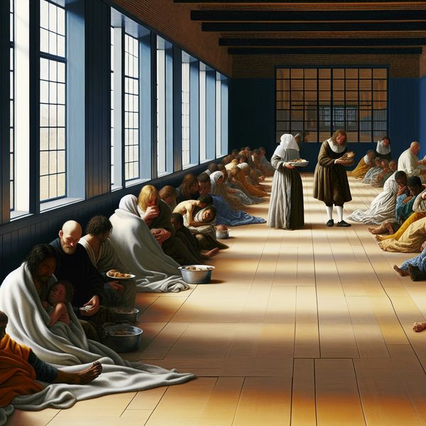 Vluchtelingen verzorgen: humanitaire hulp en tijdelijk onderdak voor kinderen en volwassenen Gedetailleerde schilderij in de stijl van Gerard ter Borch van vrijwilligers die vluchtelingenkinderen en volwassenen verzorgen met voedsel, dekens en troost in een tijdelijk onderkomen