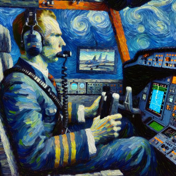 Piloot in vluchtsimulator met Van Gogh-stijl, intense trainingssessie met dynamische digitale omgeving en noodscenario