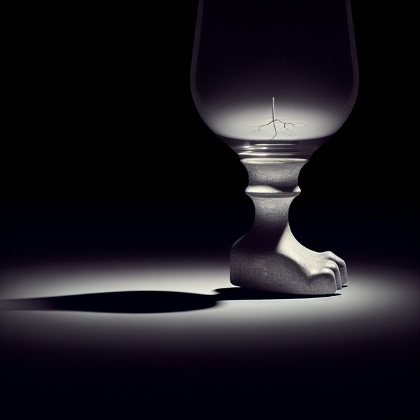 Hyperrealistisch surrealistisch beeld van de voet van een wijnglas met een zichtbare barst, geïsoleerd op een donkere achtergrond