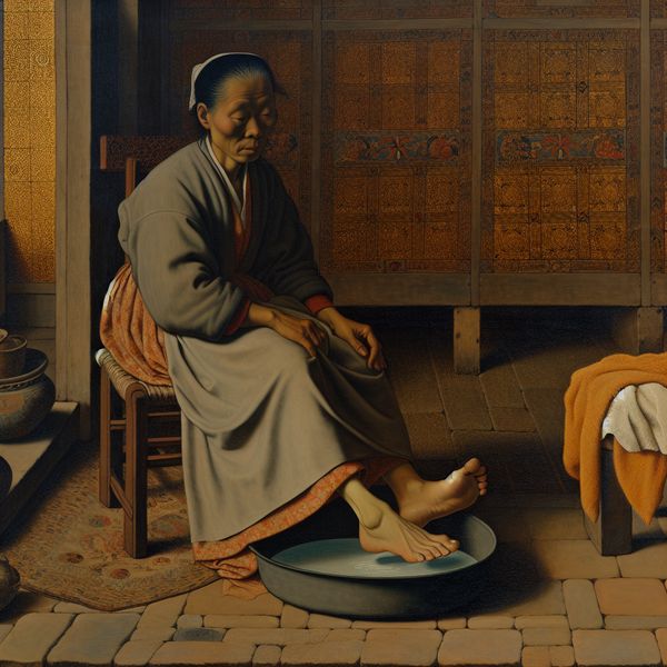 Elegant schilderij van een persoon die voorzichtig zijn blote voeten wast in een ondiepe waterbak, met aandacht voor texturen en zachte belichting