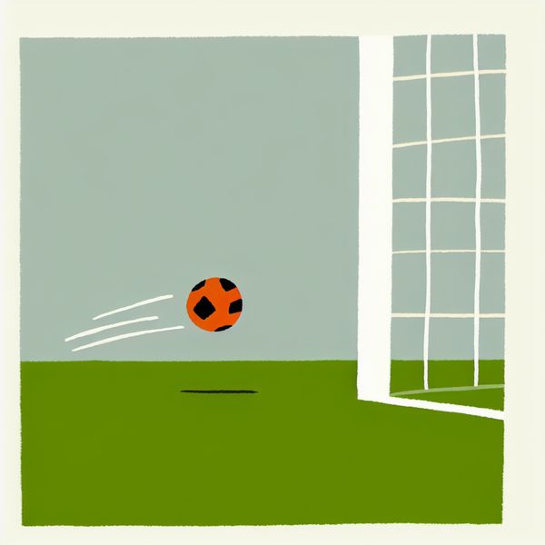 Voetbal aanraking illustratie - Nederlands leren met visuele voorbeelden Minimalistische illustratie van een oranje voetbal die het witte doelraam raakt, stijl van Dick Bruna