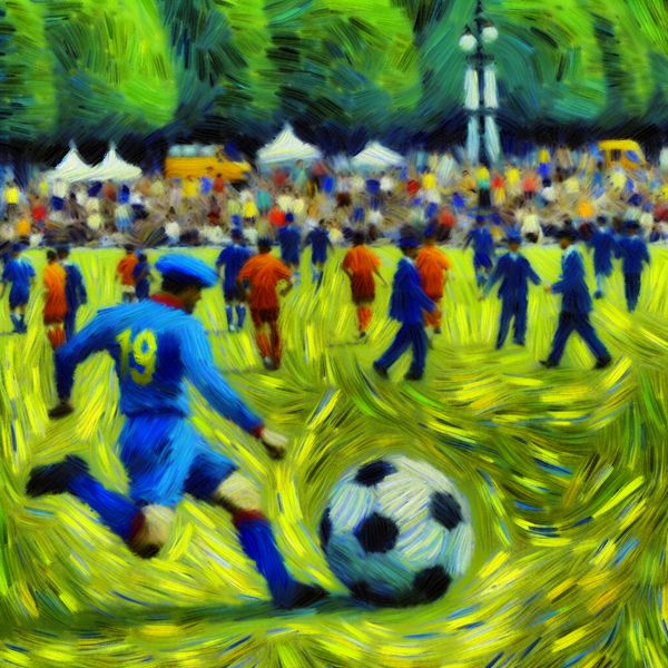 Voetbal in actie: dynamische sportscène in Van Gogh-stijl met bal en speler Voetballer in blauw tenue trapt een gestructureerde voetbal tijdens een dynamische wedstrijd in Van Gogh-stijl
