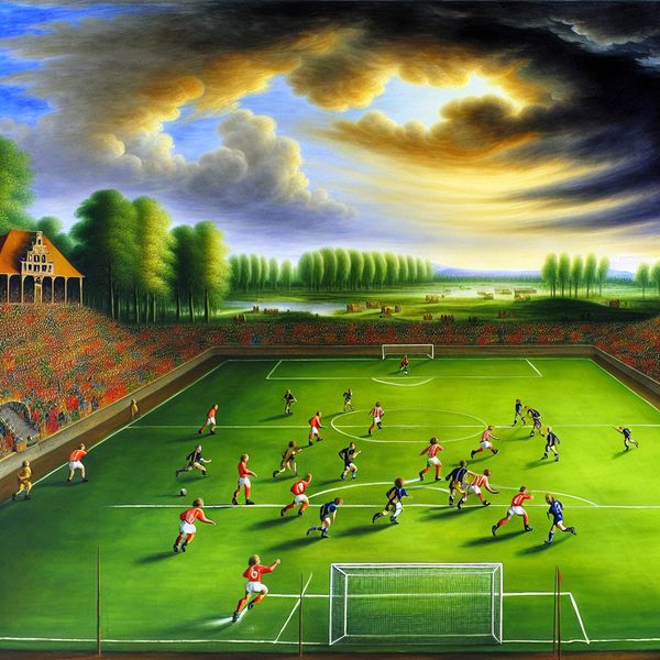 Twee voetbalteams spelen een intense wedstrijd voor de kampioenschapstrofee op een groen grasveld, omringd door fans.