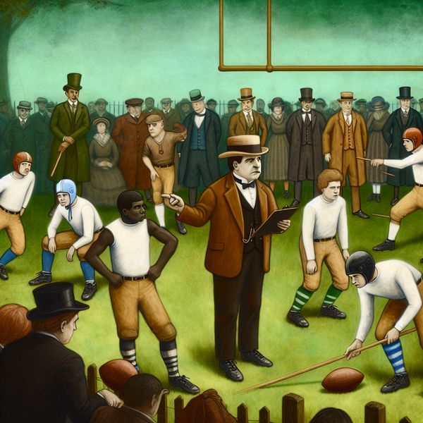 Vintage voetbalcoach begeleidt team tijdens training op nostalgisch voetbalveld in stijl van Anton Pieck