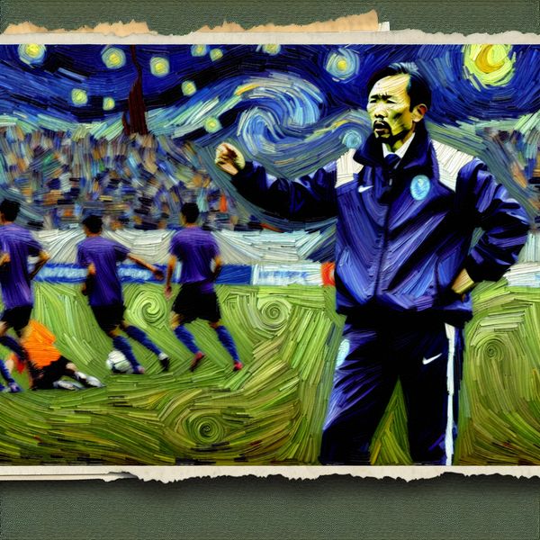 Voetbalcoach training en motivatie tijdens wedstrijd - Van Gogh inspiratie Voetbalcoach geeft gepassioneerde instructies aan team tijdens wedstrijd in Van Gogh-stijl met expressieve penseelstreken