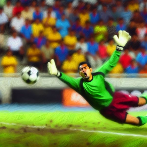 Voetbalblunder: keeper maakt schuiver tijdens cruciale wedstrijd in schilderijstijl Frans Hals Voetbalkeeper in dramatische actie tijdens een wedstrijd, mist de bal die langs hem het doel in gaat, geschilderd in de stijl van Frans Hals