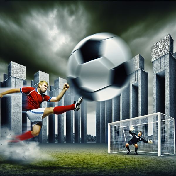 Hyperrealistische surrealistische scène van een voetballer die met volle kracht een bal schiet tijdens een wedstrijd, bal bevroren in de lucht met dramatische belichting en architectonische achtergrond