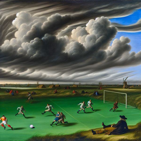 Voetballer doezelt op het veld tijdens spannende wedstrijd Speler die op het gras van een voetbalveld ligt te slapen terwijl een intensieve wedstrijd aan de gang is.