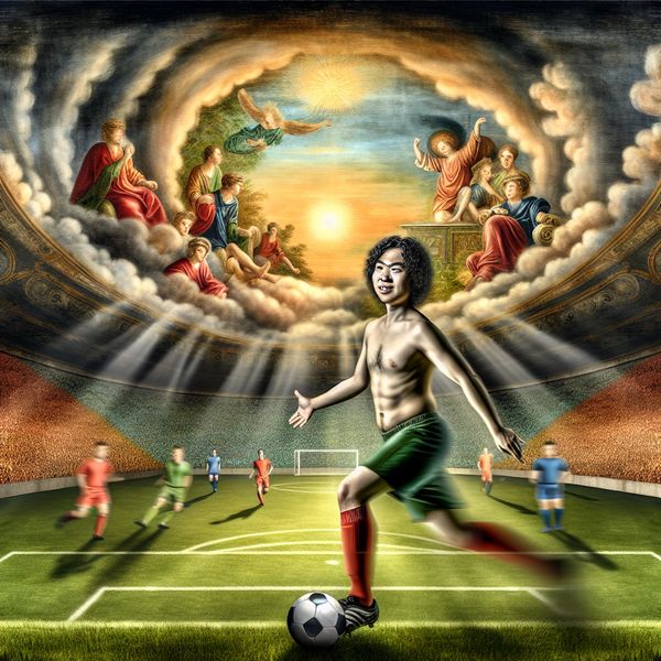 Voetballer in barokstijl: thuis in je vertrouwde omgeving en sport Voetballer in dynamische barokstijl schittert op zonnig voetbalveld, omringd door publiek en medespelers, thuis in zijn element