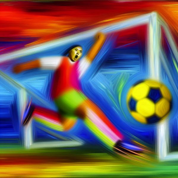 Voetballer trapt bal hard - expressieve kunst in stijl van Karel Appel Abstracte schildering van een voetballer die met kracht een bal trapt, in expressieve stijl met felle kleuren en dikke penseelstreken