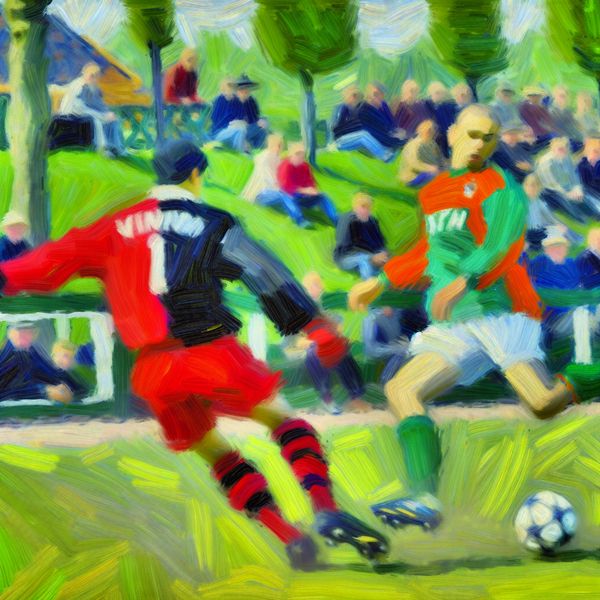 Voetbalspel speler haalt bal over voor teamgenoot Soccer game with a player passing the ball to a teammate in a vibrant park setting