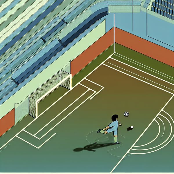 Voetbalspeler vrij voor doel - betekenis van 'vrij' in voetbal uitleg Voetbalspeler vrij voor het doel, klaar om te scoren in retro-futuristische stijl