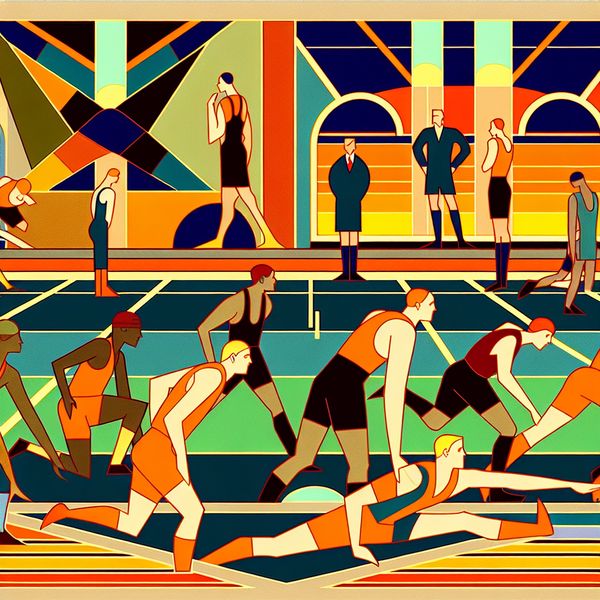 Voetbalspelers opwarmen: dynamische lichaamsoefeningen voor de wedstrijd Retro-futuristische illustratie van voetbalspelers die zich opwarmen op het veld met rekoefeningen en lichte bewegingen