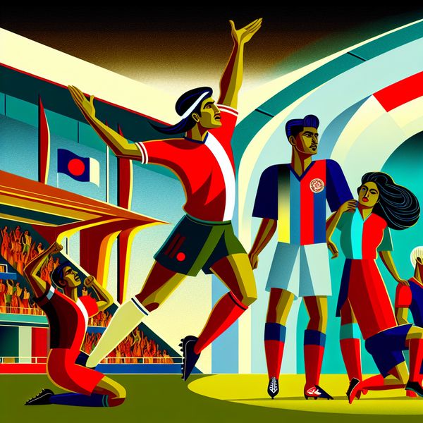 Voetbalteam in actie: Ajax scoort doelpunt in retro-futuristische wedstrijdillustratie Illustratie van een voetbalwedstrijd waarbij het Ajax-team in rode en witte shirts een doelpunt viert, terwijl de tegenstanders teleurgesteld reageren in een retro-futuristische stijl