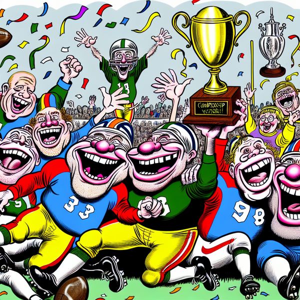 Vrolijke voetbalteam viert overwinning met grote glimlachen en een trofee, omgeven door confetti en een juichende menigte.