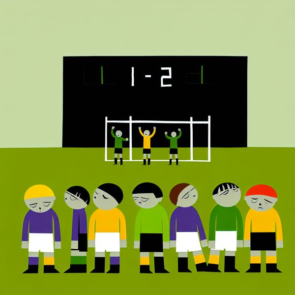 Minimalistische voetbalwedstrijd met een verdrietig team dat met 2-1 heeft verloren, in de stijl van Dick Bruna